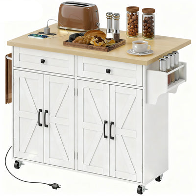 Kitchen Island with Storage, Rolling Kitchen Cart with Charging Station, Spice Rack, Drawers