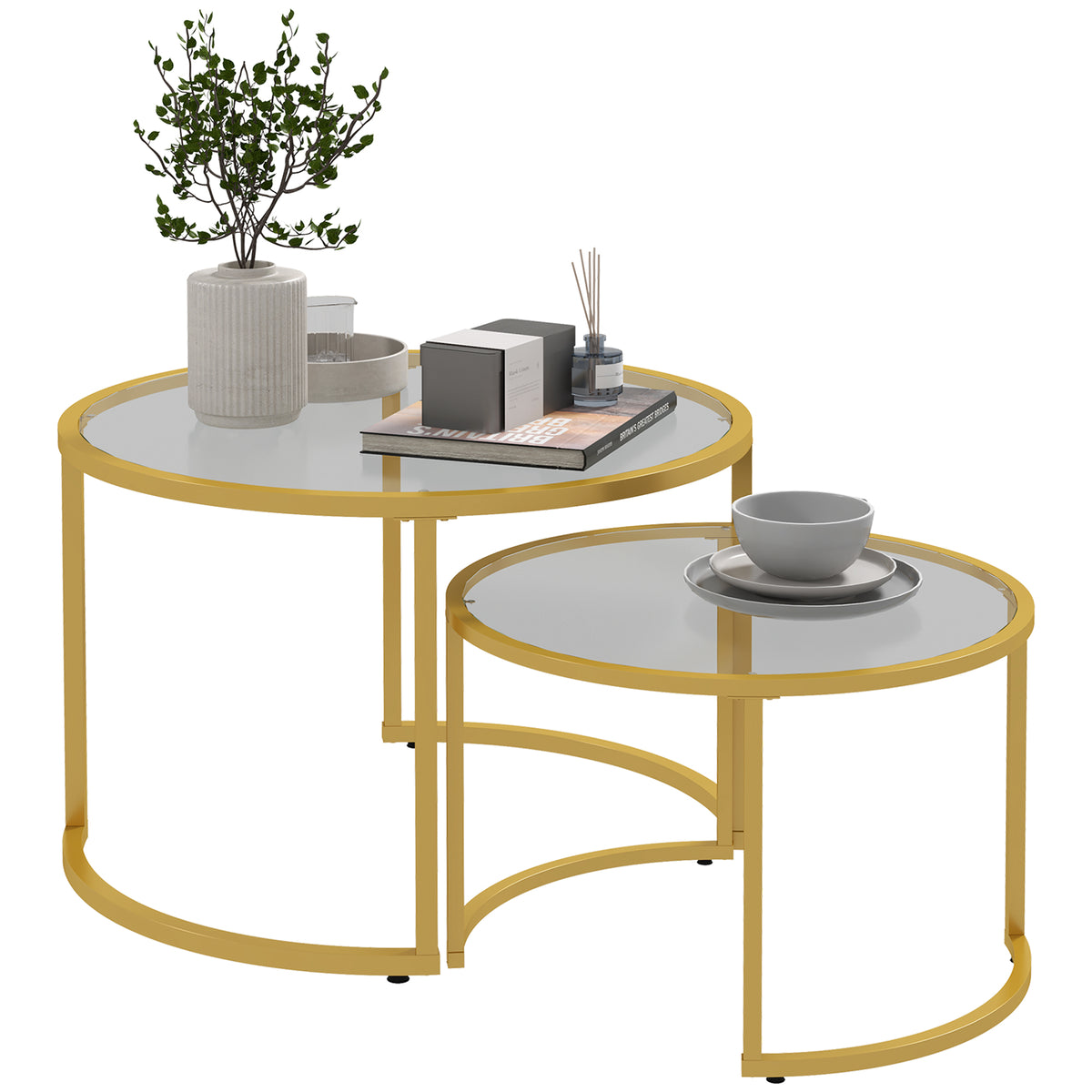 Tables Basses Rondes Gigognes (Lot de 2), Tables d'Appoint Modernes avec Plateau en Verre Trempé et Cadre en Acier pour Salon