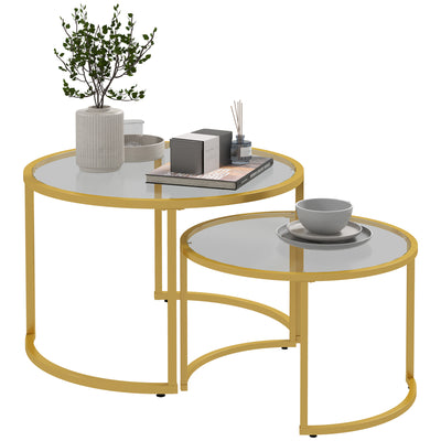 Tables Basses Rondes Gigognes (Lot de 2), Tables d'Appoint Modernes avec Plateau en Verre Trempé et Cadre en Acier pour Salon