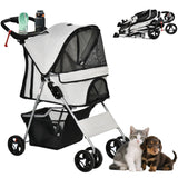 Cat Dog Stroller, One-click Foldable Pet Stroller w/Cup Holder, 4 Wheels Travel Carrier w/Brakes, 360° Swiveling Front Wheels, Storage Basket, for XS/Small Dogs Cats
