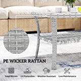 Outdoor Coffee Table with Storage Shelf, PE Wicker Patio Table with Glass Top for Garden
