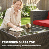 3 Pieces Patio Furniture Set with Cushions, Outdoor PE Rattan Wicker Conversation Corner Sofa Set with Glass Top Table