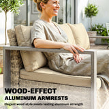 3-Seater Outdoor Couch, PE Wicker Patio Sofa with Deep Seat, Wood-Effect Aluminum Armrests