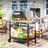 Chariot de Cuisine BBQ avec Plateau Inox, Socle Four à Pizza 2 Tablettes Déplaçable avec Roulettes