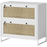 2-Drawer Filing Cabinet with Lock, Rattan File Cabinet with Adjustable Hanging Bar