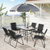 8 Piece Patio Table and Chairs Set with Folding Chairs, Tempered Glass Tabletop and Umbrella for Garden