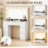 Vanity Desk with 10 Dimmable LED Lights, Mirror Dressing Table with 7 Drawers and Charging Station