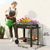 Metal Raised Garden Bed, Elevated Planter Box with 2 Wheels, Handle and Shelf, 31.5