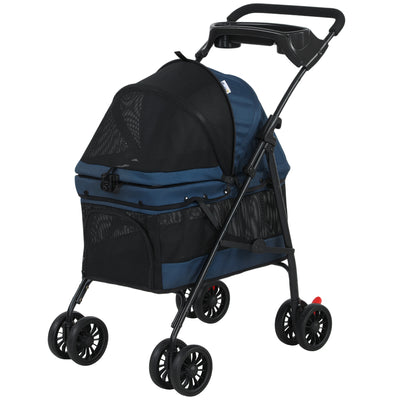 Foldable Pet Stroller for Small Dogs and Cats with 4 Wheels, Mesh Windows, Storage Tray