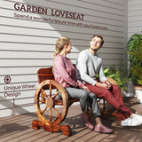 Wooden Outdoor Bench, Garden Patio Loveseat with Wagon Wheel Armrests