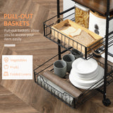 Rolling Kitchen Cart, 3-Tier Utility Storage Cart with 2 Basket Drawers & Side Hooks, Lockable Casters for Dining Room