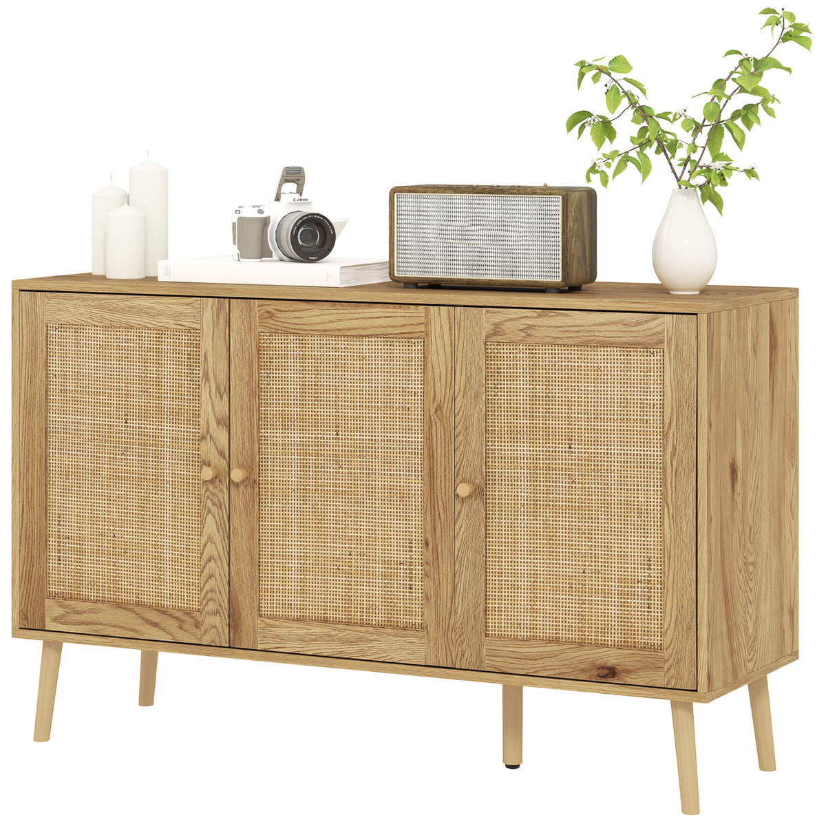 Buffet Bohème avec Portes en Rotin et Tablette Ajustable