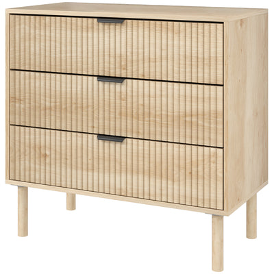 Bedroom Chest of Drawers, 3 Drawer Dresser with Fluted Panels and Solid Wood Legs, Storage Cabinet for Living Room