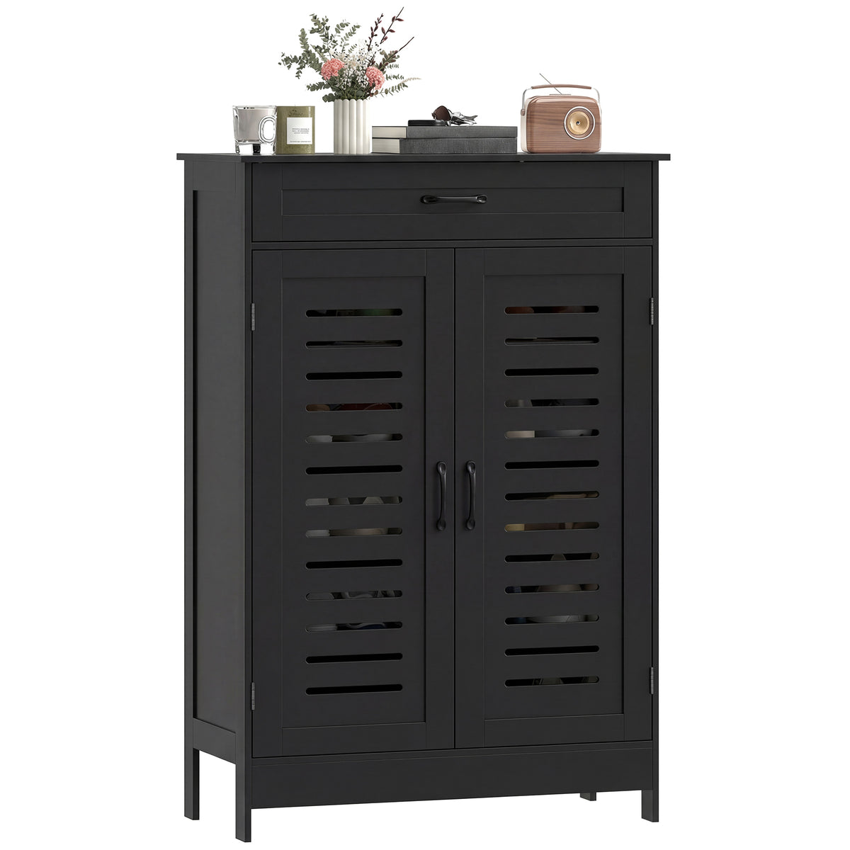 Shoe Cabinet with Louvered Doors, Modern Shoe Storage Cabinet with Drawer and Adjustable Shelves