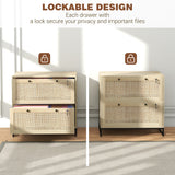 2-Drawer Filing Cabinet with Lock, Rattan File Cabinet with Adjustable Hanging Bar