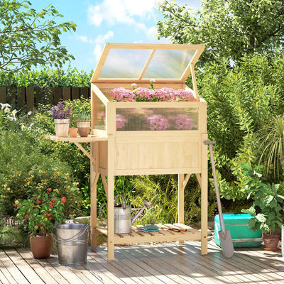 Raised Garden Bed Planter with Cold Frame, Wooden Elevated Planter Box with Folding Side Table and Shelf