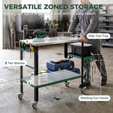 2Tier Rolling Welding Table, Lockable Steel Heavy Duty Welding Workbench Table with Side Tray