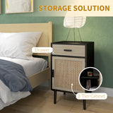 Boho Bedside Tables Set of 2, Nightstands with Drawer, Rattan Cabinet, Adjustable Shelf for Bedroom