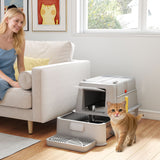 Bac à litière pour chats XL 80L en acier inoxydable pour gros chats avec couvercle rabattable, tiroir coulissant, haut rebord