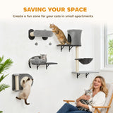 4Pcs Cat Wall Shelves with Scratching Post & Pad, Bed, Hanging Pompoms