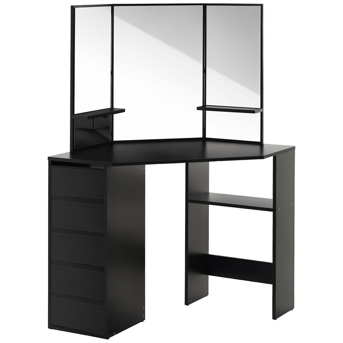 Corner Vanity Desk with Mirror, Makeup Vanity Table with 5 Drawers and Open Shelves, Dressing Table with 3-piece Mirror for Bedroom