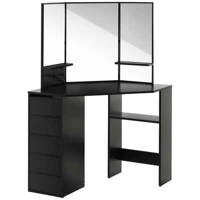 Corner Vanity Desk with Mirror, Makeup Vanity Table with 5 Drawers and Open Shelves, Dressing Table with 3-piece Mirror for Bedroom
