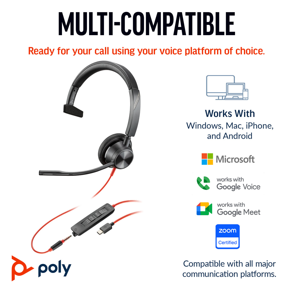 HP Poly Blackwire 3315 Monaural USB-C Headset +3.5mm Plug +USB-C/A Ada