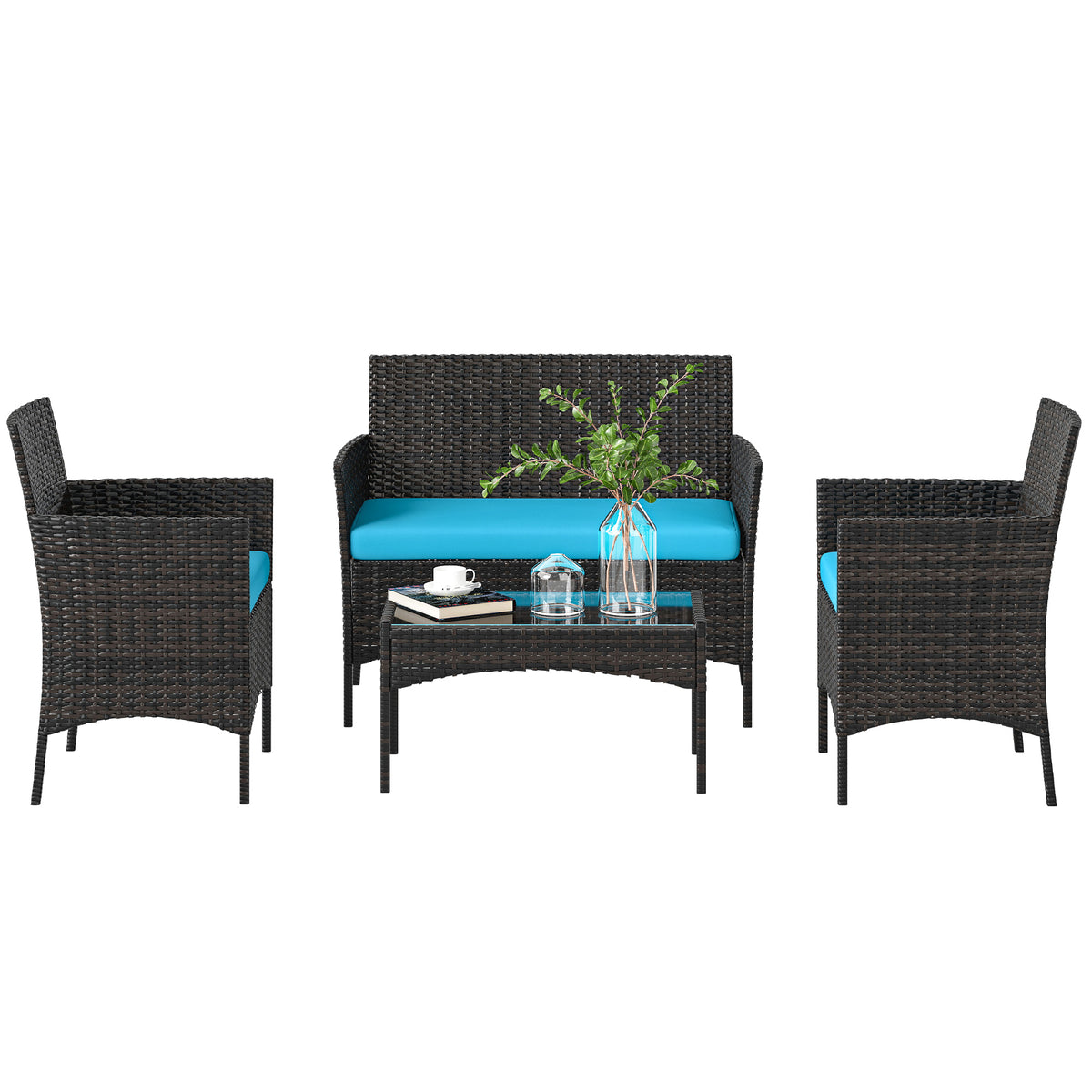 4 Pieces Wicker Outdoor Balcony Furniture Set Rattan Patio Furniture Set with Loveseat Chairs Glass Coffee Table