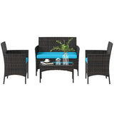 4 Pieces Wicker Outdoor Balcony Furniture Set Rattan Patio Furniture Set with Loveseat Chairs Glass Coffee Table