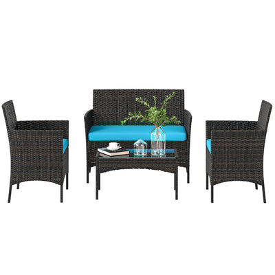 4 Pieces Wicker Outdoor Balcony Furniture Set Rattan Patio Furniture Set with Loveseat Chairs Glass Coffee Table