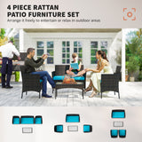 4 Pieces Wicker Outdoor Balcony Furniture Set Rattan Patio Furniture Set with Loveseat Chairs Glass Coffee Table