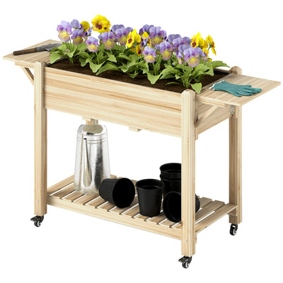 Raised Garden Bed, Wood Planter Box with Lockable Wheels, Side Tables, Bottom Shelf