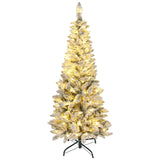 5ft Flocked Christmas Tree with Dual Colour LED Light, Pencil Hinged Xmas Tree with 11 Light Modes