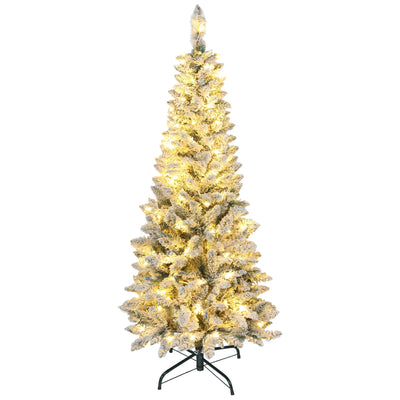 5ft Flocked Christmas Tree with Dual Colour LED Light, Pencil Hinged Xmas Tree with 11 Light Modes