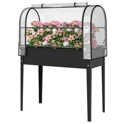 Raised Garden Bed with Flip-Up Greenhouse Cover, Metal Elevated Garden Bed with Legs and Drainage Hole