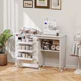 Armoire à machine à coudre, table de couture pliante avec étagère de rangement, bacs et roues verrouillables pour petit espace