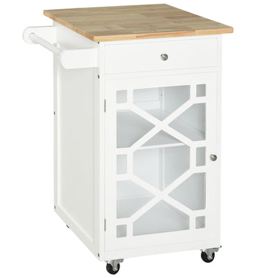 Chariot de cuisine sur roulettes, îlot de cuisine roulant avec tiroir, porte vitrée, porte-serviettes et étagère ajustable