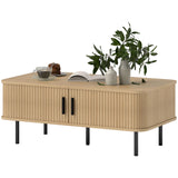 Coffee Table with Storage, Nordic Side Table with Fluted Tambour Sliding Doors and Steel Legs for Living Room