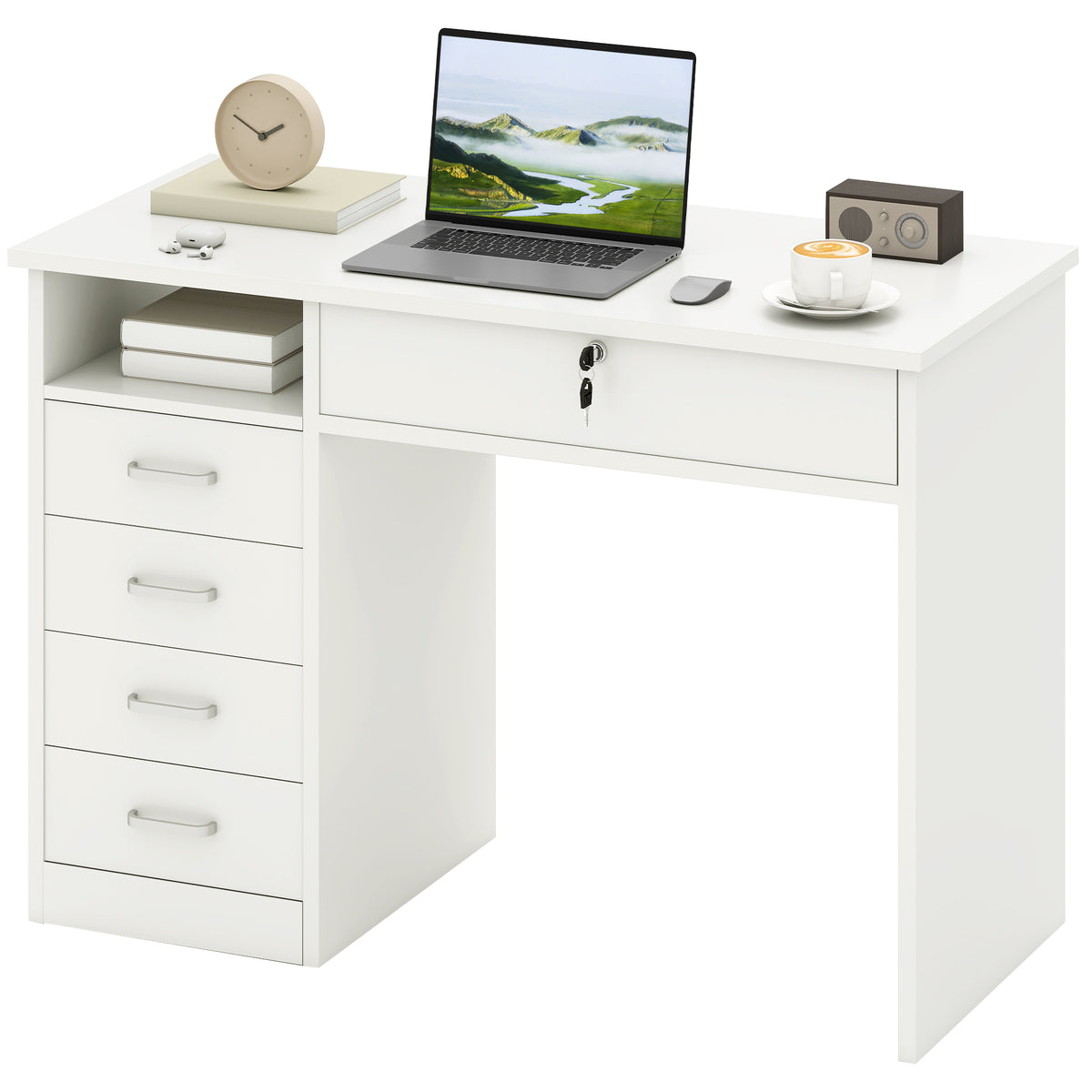 Bureau à domicile avec rangement, bureau informatique avec tiroir verrouillable et compartiment ouvert