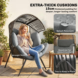 Wicker Egg Chair, Indoor Outdoor Rattan Lounge Chair with Thick Cushion and Headrest, Steel Frame, Adjustable Pads