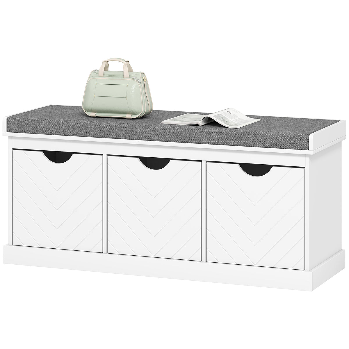 Banc de rangement à chaussures, banc d'entrée style lin avec 3 tiroirs amovibles et coussin de siège rembourré pour couloir