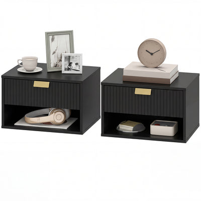 Set of 2 Wall Mounted Bedside Tables, Floating Nightstands with Fluted Drawer and Open Shelf for Bedroom