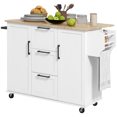 Rolling Kitchen Cart on Wheels with Drop Leaf, Kitchen Island with 3 Drawers, Solid Wood Top and Towel Rack