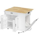 Kitchen Island Cart, Portable Kitchen Island Table with Charging Station, Rubber Wood Drop Leaf, Trash Storage