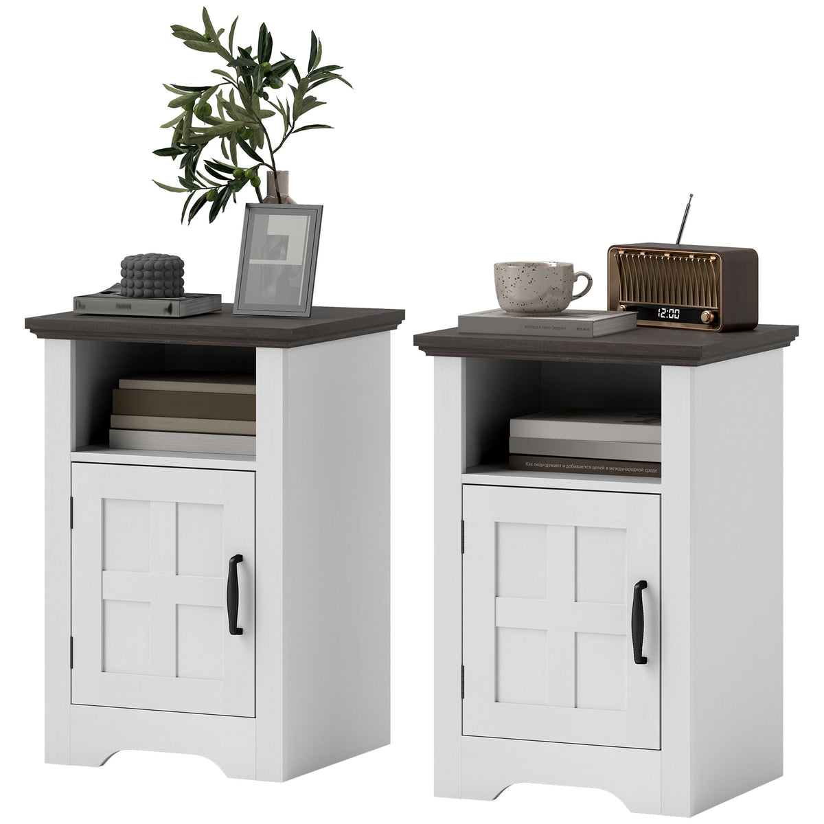 Set of 2 Side Tables with Barn Door and Open Shelf