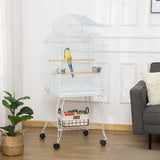 Grande cage à oiseaux roulante en acier 53,9'' Maison à oiseaux avec support roulant amovible, Étagère de rangement, Perchoir en bois