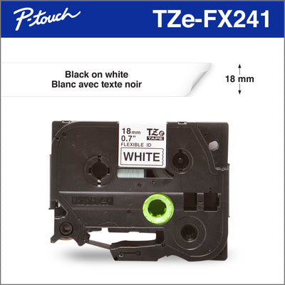 Brother Genuine Tze-FX241 Black on White Flexible ID Laminated Tape for P-touch Label Makers, 18 mm wide x 8 m long