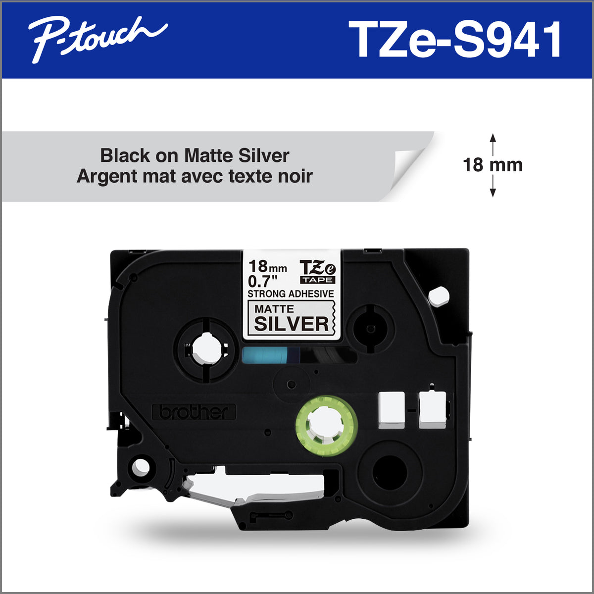 Brother TZeS941 Ruban d'étiquette 18mm Extra Strength - Noir/Argent