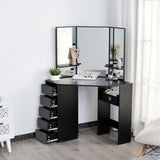 Corner Vanity Desk with Mirror, Makeup Vanity Table with 5 Drawers and Open Shelves, Dressing Table with 3-piece Mirror for Bedroom