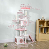 65 Inch Cat Tree with 2 Doors Condos, 4 Pompoms